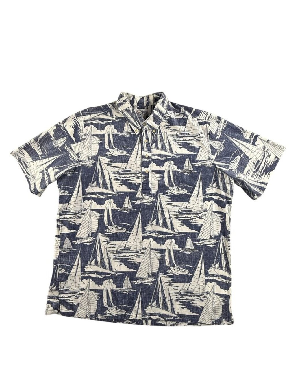 Vintage Reyn Spooner Shirt Mens 2XL Blue Sailboat Hawaiian Nautical Short Sleeve